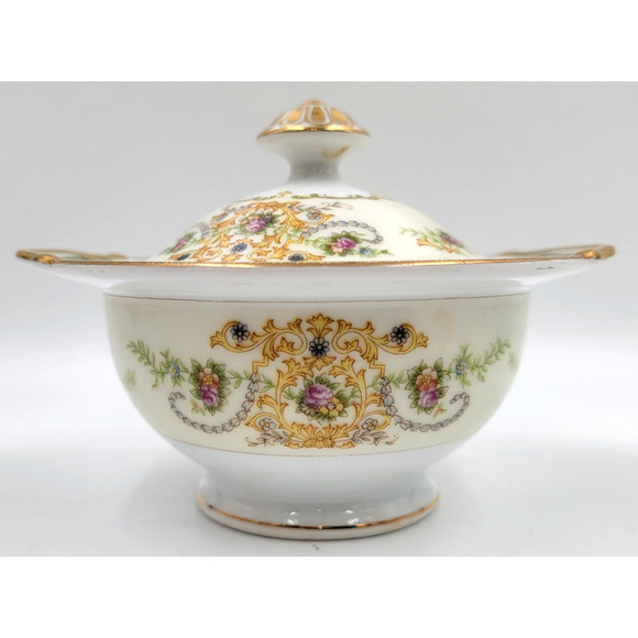 P. B. Charm Footed Sugar Bowl Japan Floral Scroll Gold Green Trim 1950 -1960s - Picture 2 of 9